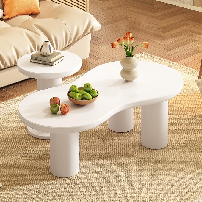 GDFStudio 39.3'' Nesting Coffee Table Set of 2,Cloud-Shaped & Round Side Tables, Minimalist Irregular Center Table with Sturdy Legs for Living Room,Easy Assembly,White