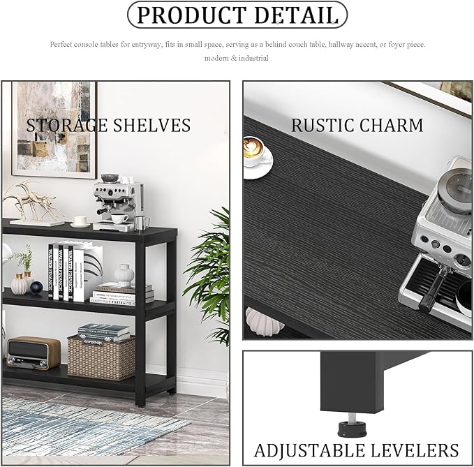 EXCEFUR Industrial Entryway Table, 3 Tier Console Table for Living Room, Wood Sofa Table for Hallway Behind Couch (47 Inch, Modern Black)