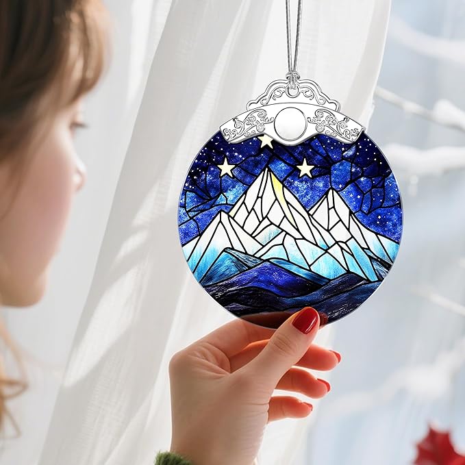 Stained Glass Ornament, Christmas Ornaments, Christmas Tree Ornaments & Holiday Decor – Gifts for Nature Lovers, Ideal Holiday Present & Xmas Gift - Starry Sky and Mountains