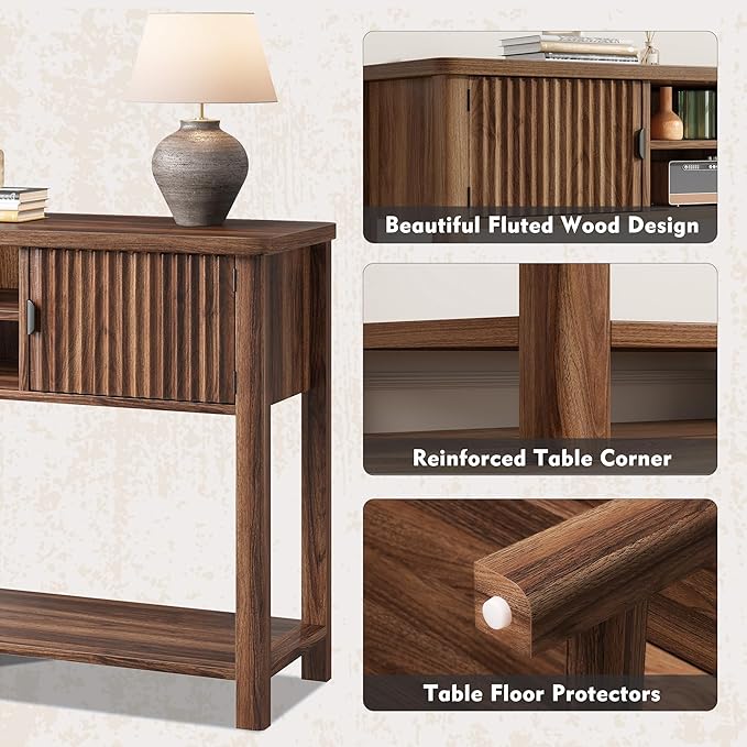 Fluted Console Table with 2 Door Cabinets, Modern Entryway Table with 3 Open Storage Shelves, Narrow Behind Couch Sofa Table for Living Room, Hallway, Foyer, 45.7" W×13.8" D×33.5" H, Walnut Brown