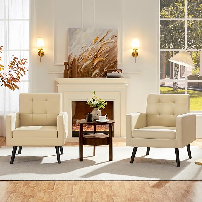 Yaheetech Mid-Century Accent Chairs, PU Leather Modern Upholstered Living Room Chair, Cozy Armchair Button Tufted Back and Wood Legs for Bedroom/Office/Cafe Beige 2PCS