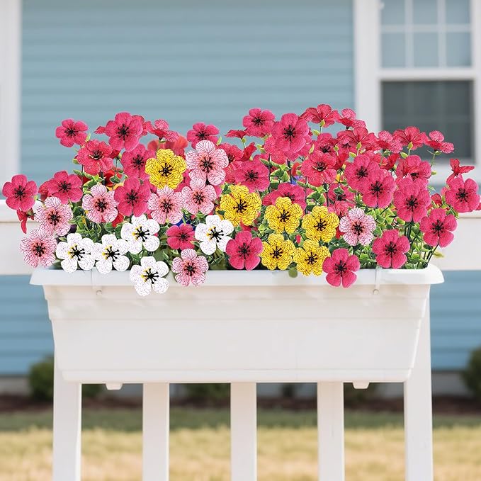 14 Bundles Artificial Flowers UV Resistant for Patio Outdoors Fake Faux Silk Plants Realistic Plastic Flowers Indoors Porch Window Home Decoration (14, Mixed Fuchsia Yellow Pink White)