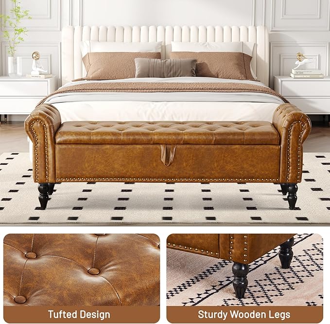 Furniliving 63” End of Bed Bench, Bedroom Bench with Button-Tufted, Large Upholstered Storage Ottoman Benches Entryway Bench with Storage Shoe Cabinet Bench, for Bedroom, Living Room, PU, Brown