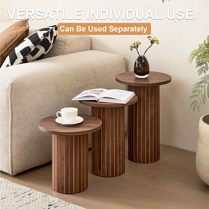 3-Piece Nesting Coffee Table Set, Modern Small Round Wood Side Tables, Fluted Drum Base, for Living Room Bedroom Apartment Small Space, Brown