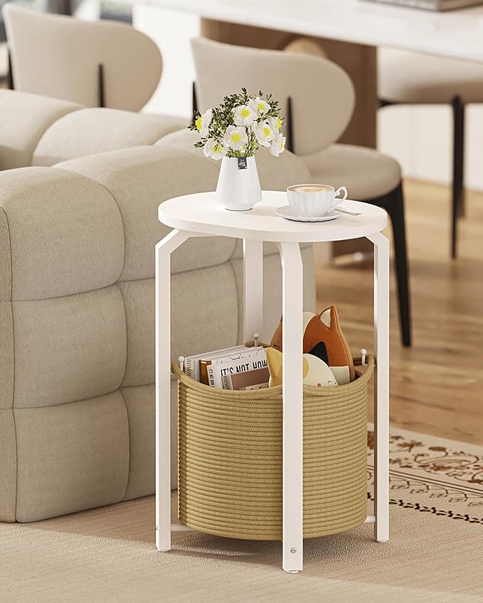 TUTOTAK Small Side Table, Oval End Table, Night Stand, Bedside Table, Sofa Table with Storage Basket, Living Room, Bed Room, White and Beige TB01BWN093