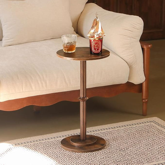 MaxSmeo Drink Table, Small Side Table for Small Spaces, Modern Round End Table with Fluted Wood Leg, Rustic Brown