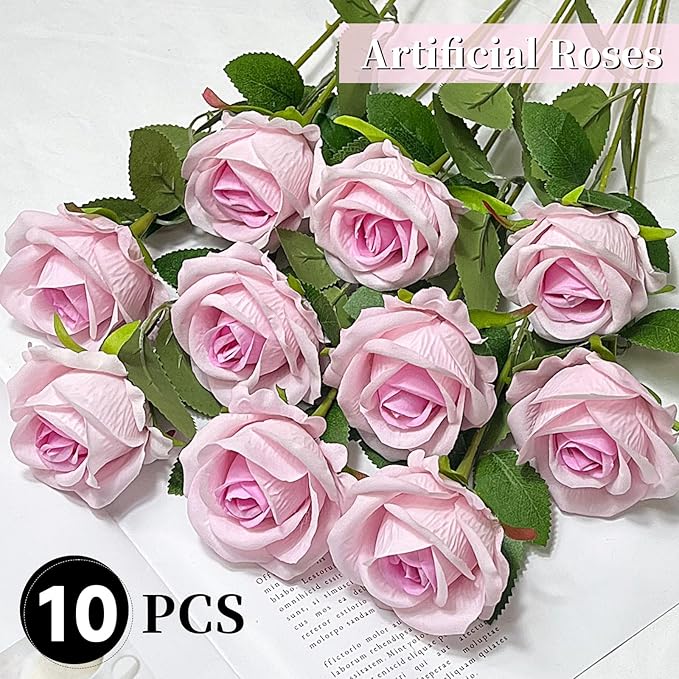 10 PCS Artificial Roses with Long Stems Silk Flowers Realistic Foam Flowers Fake Roses for Valentine's Day Home Wedding Halloween Decor(Light Pink)