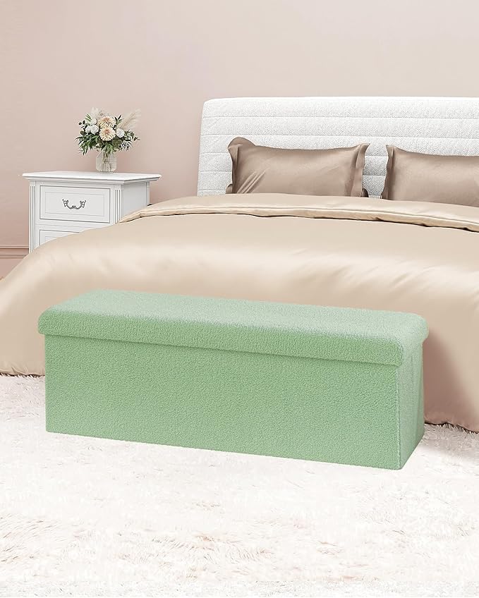 B FSOBEIIALEO Small Storage Ottoman Cube Sherpa Ottomans Foot Rest, Foldable Boucle Ottoman Bench, Faux Teddy Fur, Green 43.3"x15"x15"