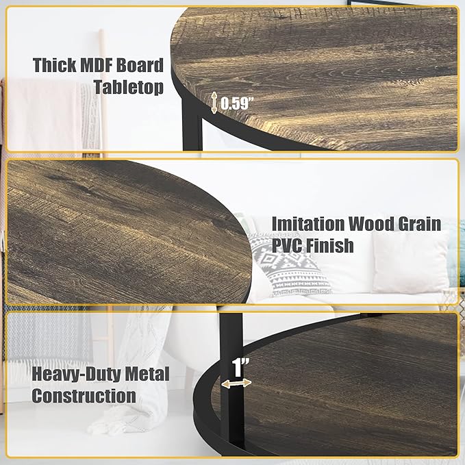 WiberWi Round Coffee Table 35.8" Rustic Vintage Industrial Design Furniture Sturdy Metal Frame Legs Sofa Table Cocktail Table with Storage Open Shelf for Living Room, Easy Assembly, Dark Brown