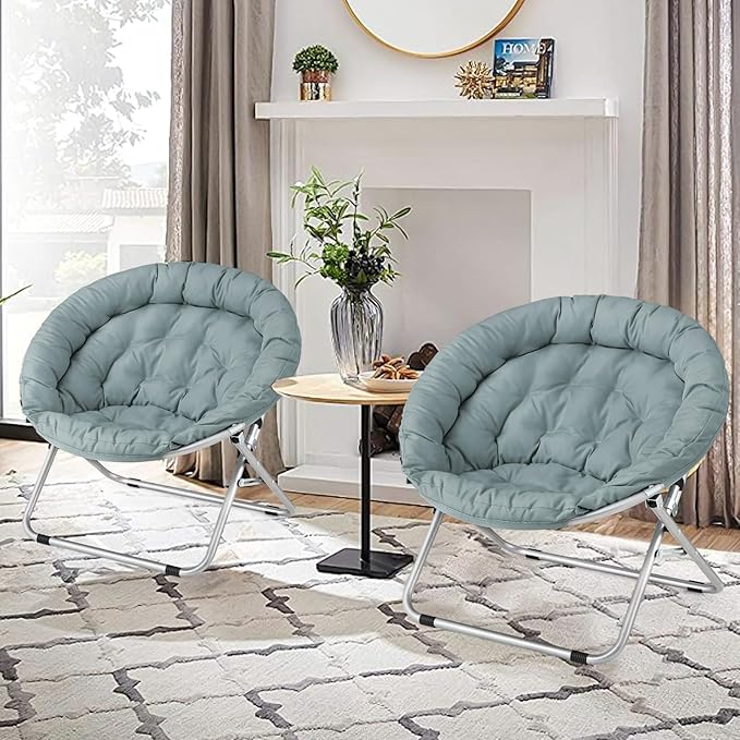 Athena Collection Comfy Saucer Chair, Folding Oversized Cozy Chair for Bedroom Living Room Fabric Reading Chair, Foldable Metal Frame Round Moon Chair for Adult Set of 2, Teal