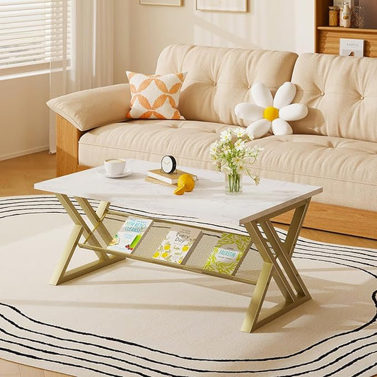 Coffee Table Living Room Table with Storage Shelf, White Table Simple Modern Faux Marble Rectangular Tables with Sturdy Gold Metal Frame,Industrial Wooden Coffee Table for Bedroom Home Office