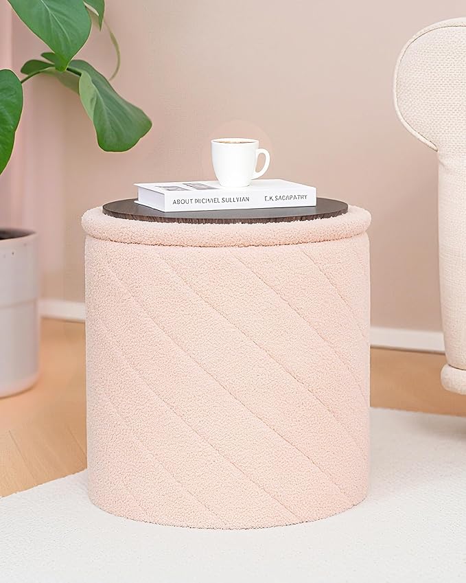 B FSOBEIIALEO Ottoman with Stroage, Boucle Round Storage Ottoman with Tray,Foot Rest Stool for Dorm Room, Living Room Pink, 16.93"x16.93"x17.72"