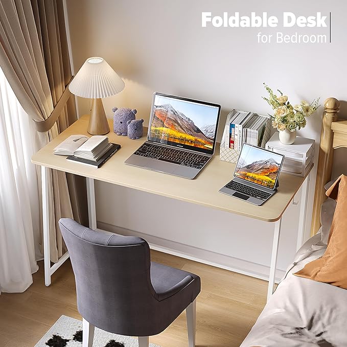 WOHOMO Folding Desk, Small Foldable Desk 47.2" for Small Spaces, Space Saving Computer Table Writing Workstation for Home Office, Easy Assembly, Oak