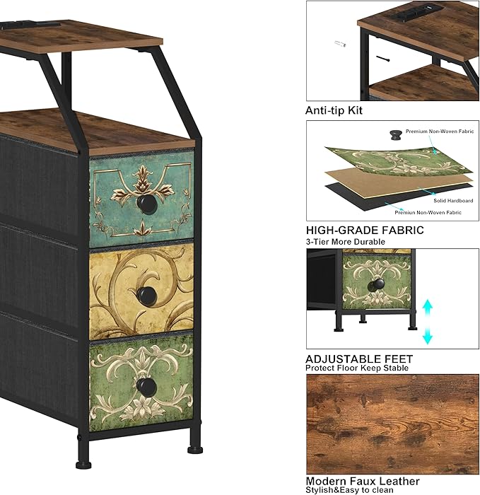 Tohomeor Narrow Dresser Tall Skinny Storage Tower Vertical Slim Chest of Drawers with Charging Station Small Nightstand Side Table for Bedroom, Bathroom, Small Spaces (Retro Flower, 3 Drawers)