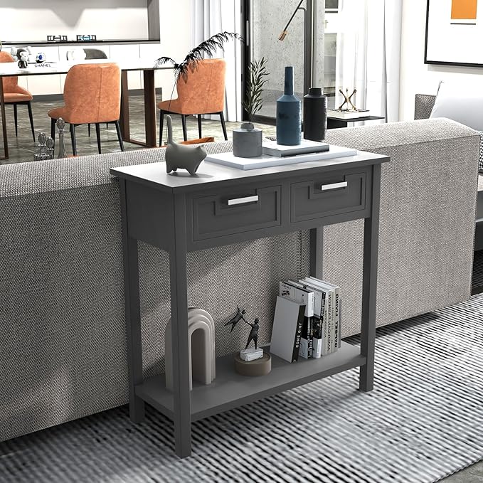 GOFLAME Small Console Table with 2 Drawers, 31” Entry Table with Storage Shelf, Modern, Narrow Sofa Table for Living Room, Hallway, Entrance (Gray)