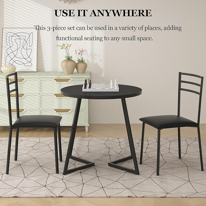 VECELO Small Round Kitchen Table with 2 Upholstered Chairs, 3-Piece Wood Dinette Sets with Steel Frame for Breakfast Nook, Dining Room, and Small Space, Wood-Grain Black