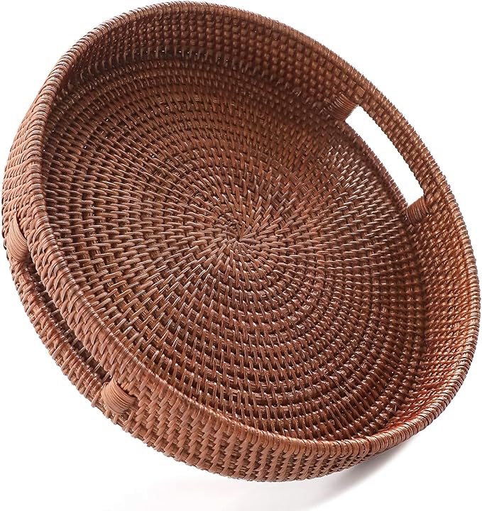 HITOMEN 14.2" Hand-Woven Round Rattan Serving Tray Decorative Ottoman Wicker Platter with Handles for Coffee Table, Breakfast, Drinks, Snack, Bread, Fruit, Vegetables (Brown - L)