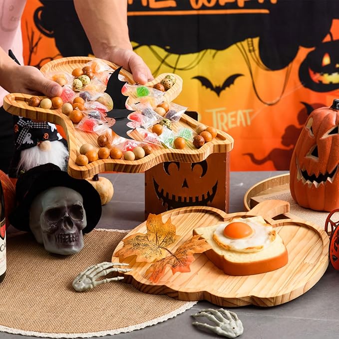 FOBSME 2 Pcs Halloween Wooden Serving Platters Pumpkin and Ghost Shape Charcuterie Boards Fall Wood Serving Trays Decorative Wood Snack Dish Plates for Halloween Autumn Holiday Housewarming Presents
