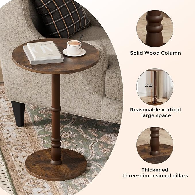 Round Side Table, Solid Wood Pillar, Large 15.7" Top, Small Accent Table for Living Room, Bedroom, Sofa, Entryway & Office, Easy Assembly, Rustic Brown