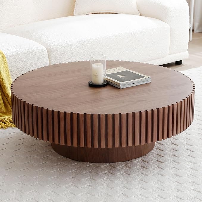 Round Coffee Table, Modern Wooden Coffee Table for Living Room, Farmhouse Circle Center Table, Drum Fluted Accent Tea End Table for Apartment Small Space (31" Walnut)