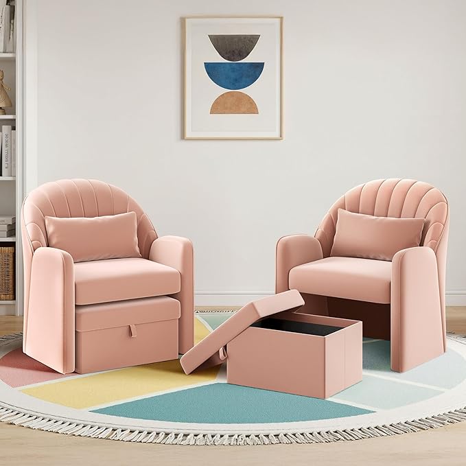 Yaheetech Small Accent Barrel Chairs for Living Room, Velvet Cute Reading Corner Chair with Storage Footrest Lumbar Pillow for Bedroom Small Space Pink/Set of 1