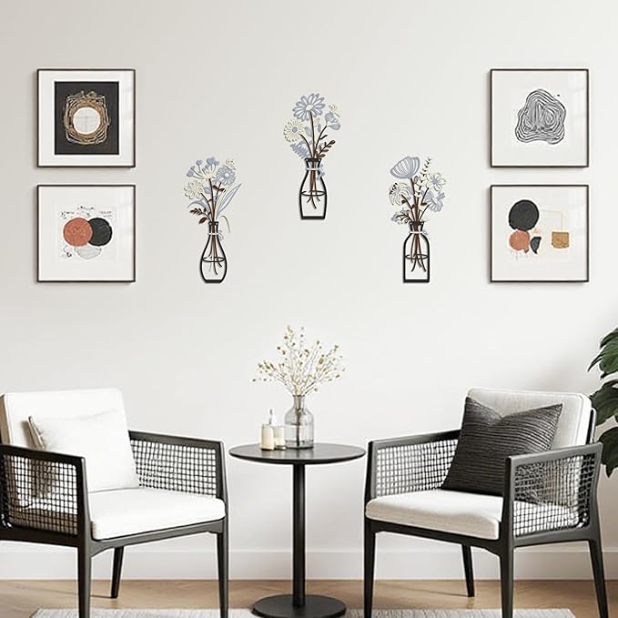 Iron Metal Vase Flower Wall Art Minimalist Black Floral Decor for Living Room Bedroom Kitchen, Office Garden - Modern Farmhouse Home Decor & Housewarming Gifts (Beige-Blue No Text)