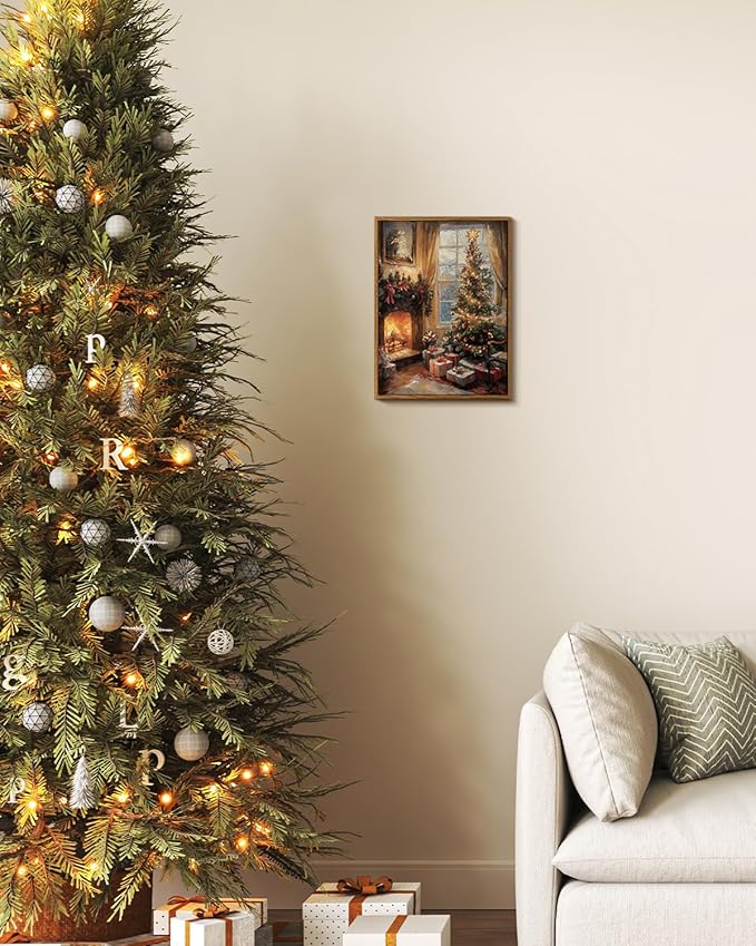 InSimSea Framed Canvas Wall Art, Vintage Christmas Tree Decor, Living Room Pine Tree Decorations, Winter Cottagecore Decor for Bedroom Bathroom, Xmas Holiday Decorations Gifts, 12x16 Inch