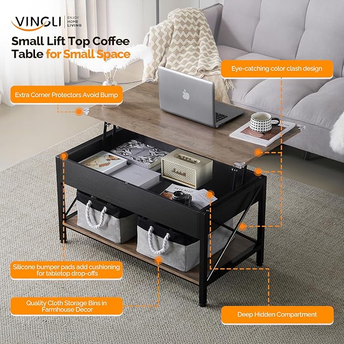 VINGLI 36" Lift Top Coffee Table with Free Cloth Storage Bins, Rustic Framhouse Grey Coffee Tables for Living Room, Small Modern Coffee Table for Small Space in Minimalistic Style, Gray