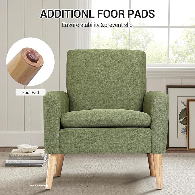 Lohoms Mid Century Accent Chair, Linen Upholstered Green Armchair for Living Room or Bedroom, Comfy Modern Sofa Chair for Guest Room, Reading Nook, or Waiting Area