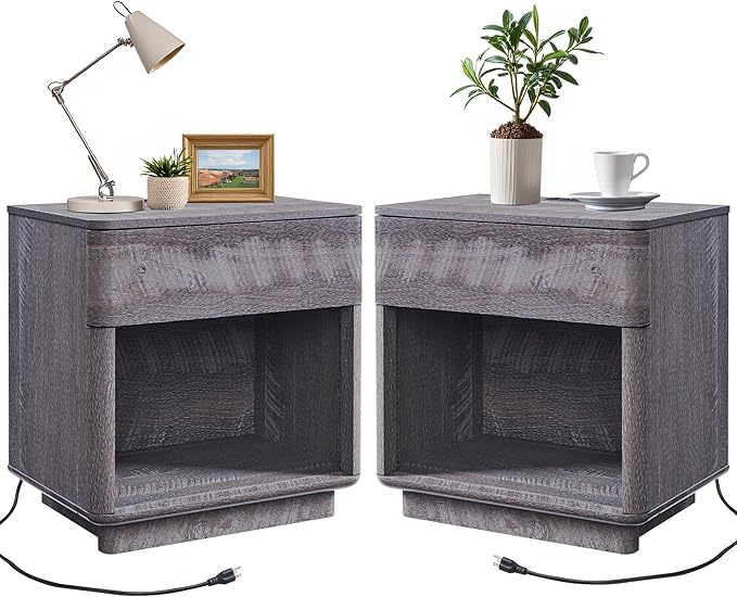 ACCOHOHO Modern Nightstand Set of 2 with Charger Station, 22" Wide Night Stand with Storage Drawer & Open Shelf, Large Bedside Table for Bedroom, Wood End Table, Curved Profile, Grey