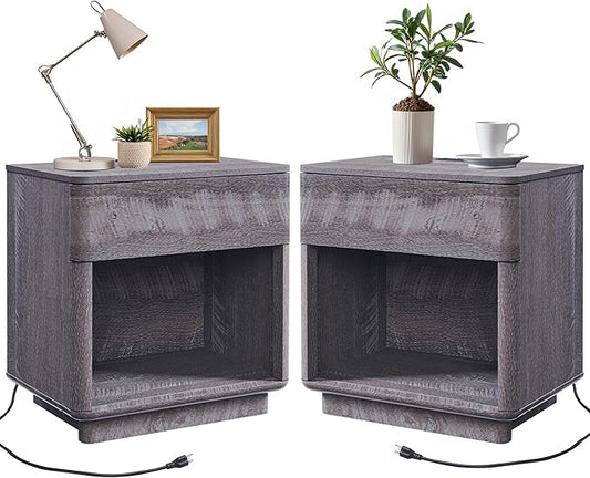ACCOHOHO Modern Nightstand Set of 2 with Charger Station, 22" Wide Night Stand with Storage Drawer & Open Shelf, Large Bedside Table for Bedroom, Wood End Table, Curved Profile, Grey