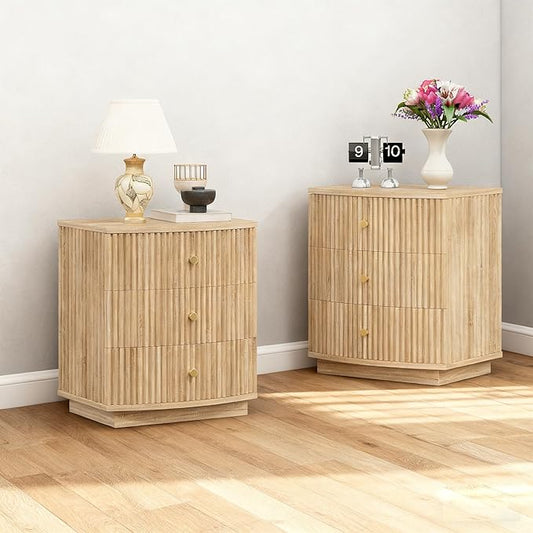 Grooved Wood End Table with 6 Drawers, Curved Edge Storage Side Table, Six Drawer Nightstand Compact Sofa Bedside Table for Bedroom, Living Room and Small Spaces, Natural X2