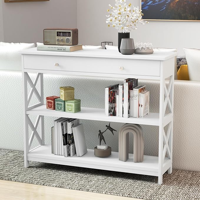 GOFLAME 39" Console Sofa Table with Drawers, 3-Tier Narrow Entry Table with Storage Shelves for Living Room Behind Couch, Entryway, Hallway (White)