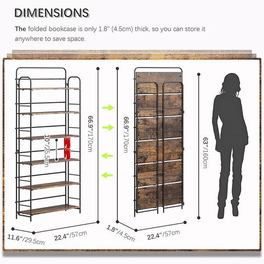 4NM No Assembly Folding Bookshelf, 6 Tiers Collapsible Book Shelves Open Industrial Foldable Storage Bookcase Shelf for Bedroom, Living Room, Home Office - Rustic Brown and Black