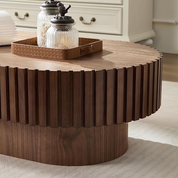 43.7'' Round Coffee Table for Living Room, Oval Coffee Table Modern Handcraft Drum Coffee Table Center Table Wood Small Coffee Table Side Table End Table with Sturdy Pedestal for Apartment,Wanult