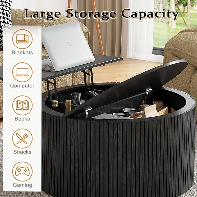 Round Fluted Lift Top Coffee Table, Mid Century Modern Center Table with Storage and Compartment, 2 Tier Small Circle Dining Table, for Living Room, Home Small Space, Black