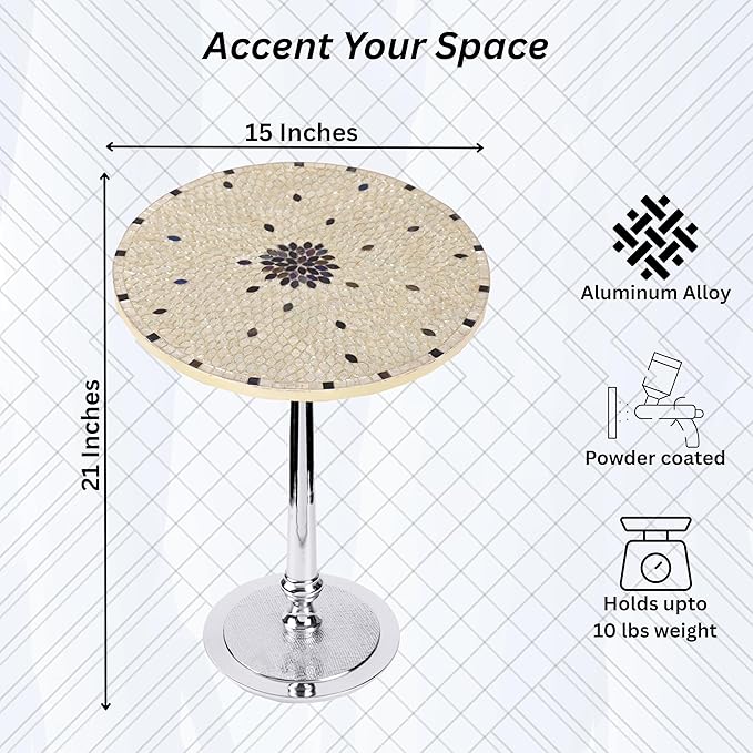 CLEENTABLE Mosaic Round End Table - Modern Coffee Accent Table with Artistic Top, Electroplated Silver Legs - Lightweight, Durable, Easy Assembly 15 x 21 Inches (Ivory Silver)