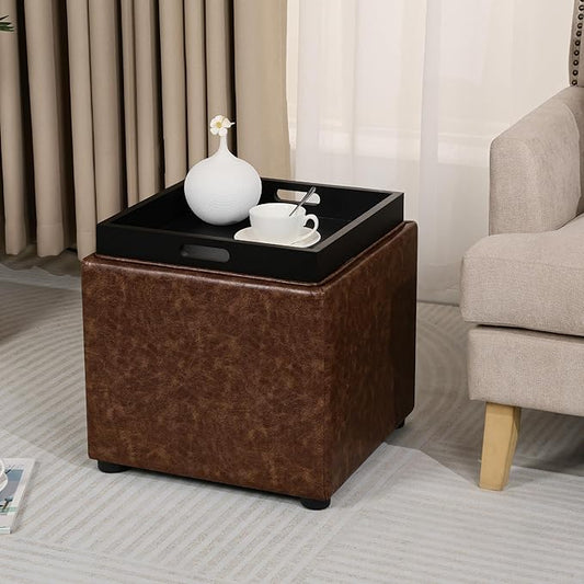 Adeco 17" Storage Ottoman Cube with Tray Lid, Small Footstool with Storage, Square End Table for Living Room & Bedroom
