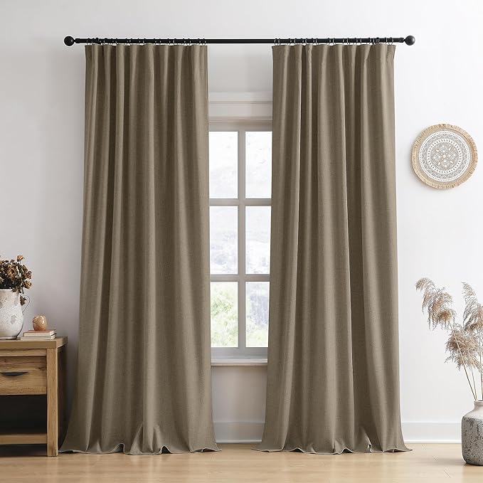RAIN CITY Linen Brown Curtains 102 Inch Long 2 Panels Burg, Full Blackout Back Tab Pleated Look Drapes with Hooks, Thermal Insulated Boho Rustic Curtains for Living Room (50x102 in Lenght,Linen)
