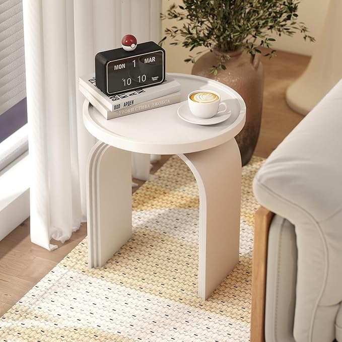 17.7”Wide Modern Side Table, White Wooden End Table, Round Accent Table for Small Spaces, Bedside, Couch Side, Narrow Nightstand for Living Room