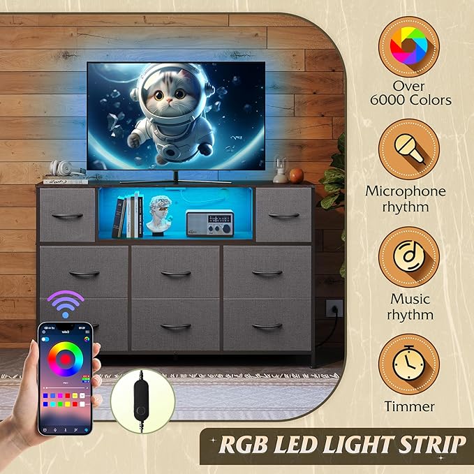 WLIVE Grey Dresser TV Stand for 45, 50, 55 inch TV, Entertainment Center with LED Lights & Charging Station, Chest of Drawers with 8 Fabric Drawers and Open Storage Shelves for Living Room, Hallway