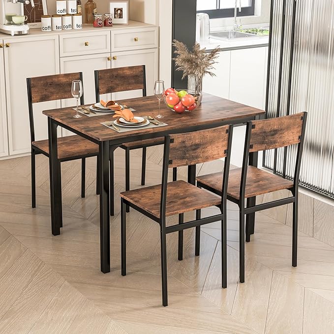 GOFLAME 5-Piece Dining Table Set, Industrial Kitchen Table and Chairs for 4 with Backrest and Metal Frame, Rectangular Space-Saving Dinette Set for Dining Room, Apartment, Small Space, Rustic Brown