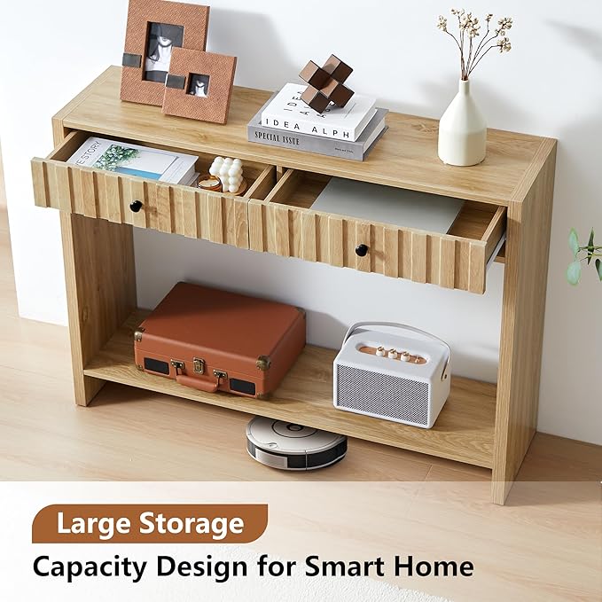 AVZEAR Entryway Console Table with Fluted Drawers, Mid Century Entryway Table with Storage, 43" Long Couch Behind Sofa Narrow Tables for Living Room Hallway Entrance, Natural