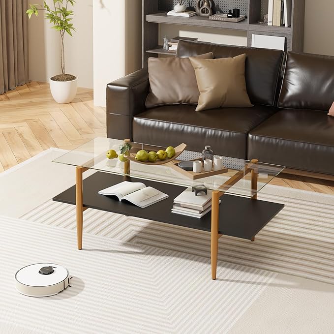 Glass Coffee Table, Rectangle Living Room Center Table with Golden Legs, Mid-Century Modern Accent Tables with Open Shelf for Living Room, Office, Black