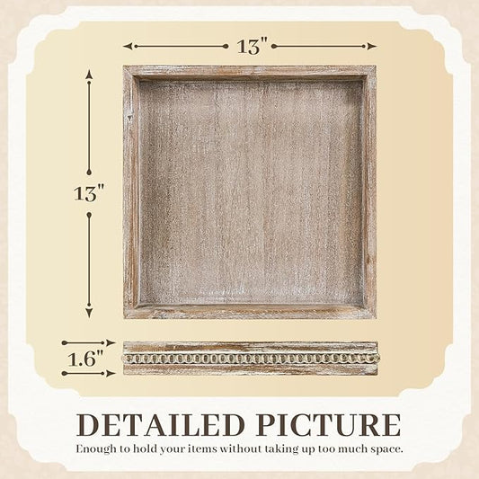 Wooden Decorative Tray, Small Serving Tray with Wood Bead, Farmhouse Big Tray for Ottoman, Countertop, Coffee Tabl, 13" x 13"x 1.6" (White Washed)
