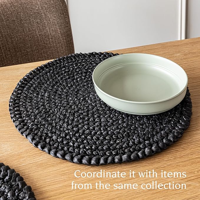 Over&Back Set of 4 Natural Round Woven Placemats - Dining Table Mat - Made with Natural Fibers - Kitchen and Home Decor - Black