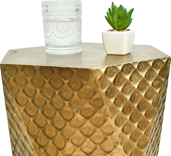 Round Side Table, Rustic Console Table, Gold Geometric End Tables Ideal for Couch Sofa Living Room or Bedroom Stand (Gold Scaled Texture)