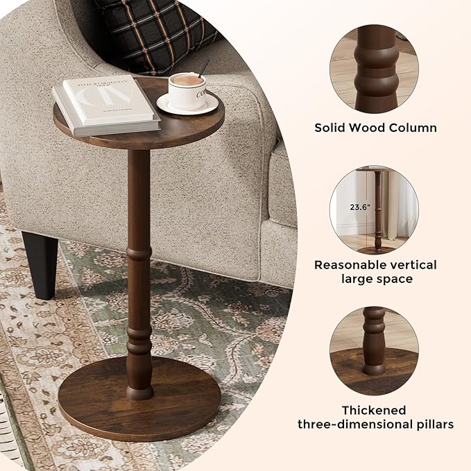 Round Side Table, Solid Wood Pillar with Wood Top & Base, Small Drink Accent Table for Living Room, Bedroom, Sofa & Office, Easy Assembly, Rustic Brown