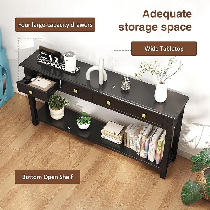 59.1 Inch Extra Long Console Table Black - Modern Entryway Table with Drawers & Storage, Narrow Sofa Table for Living Room