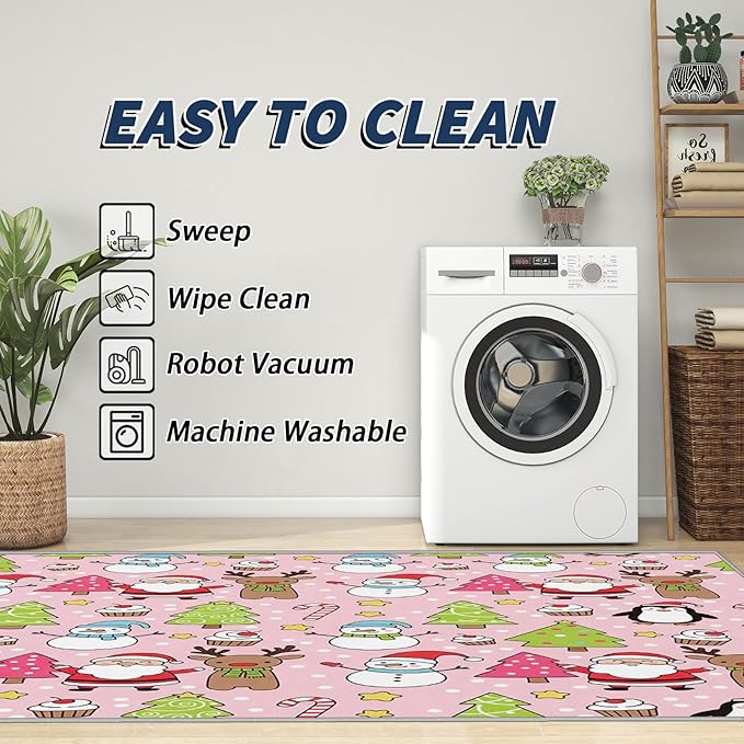 Pink Christmas Rug Indoor - 8x10 Rug, Kids Santa Snowman Living Room Rugs, Pink Christmas Bedroom Rugs, Xmas Tree Candy Cane Carpet, Cartoon Reindeer Home Decor & Gifts